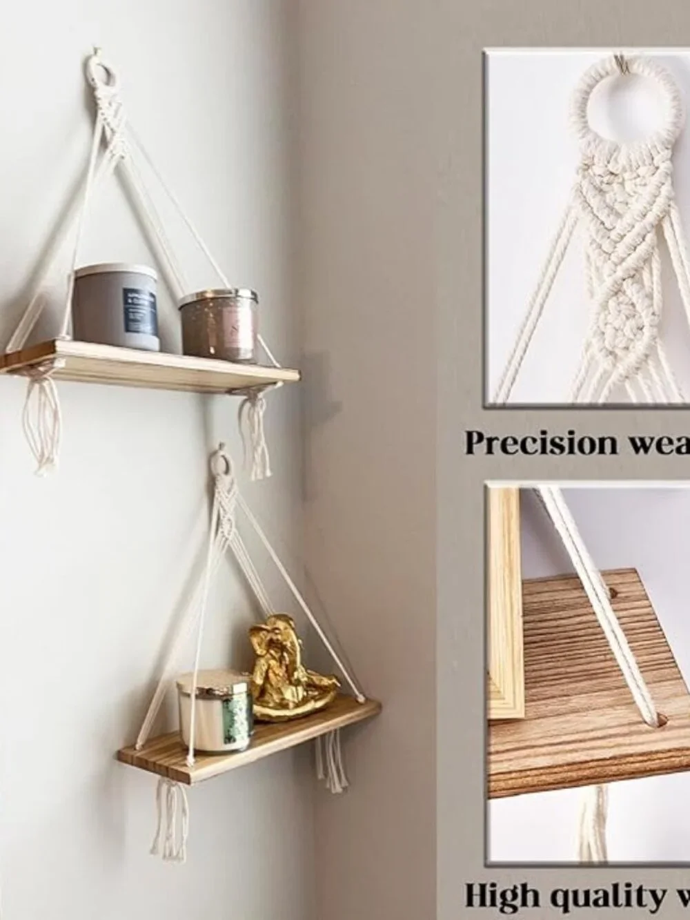 Macrame Hanging Shelves Boho Wall Decor Rustic Wood Floating Storage Shelf 2 Set
